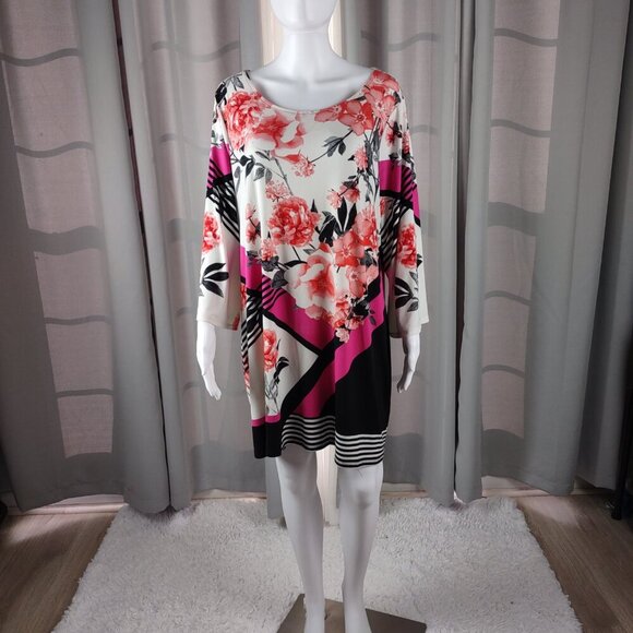 Alfani Floral Print Mini Dress Pink Red Black White Long Sleeve Zip Back Size 2X - Picture 2 of 11